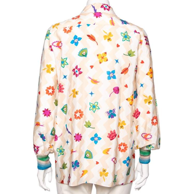 Pre Owned Missoni Cream Printed Crepe & Knit Trim Detailed Button Front Shirt M