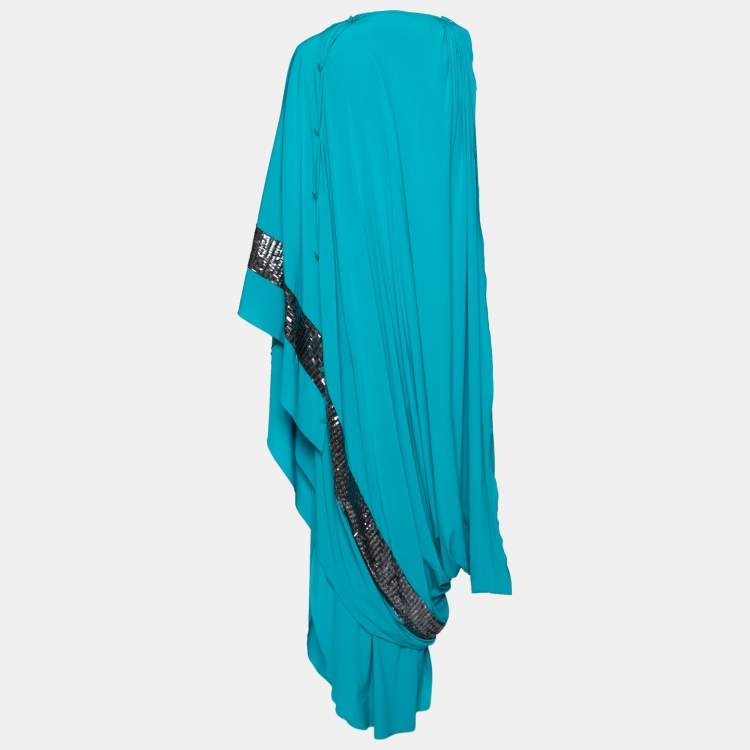 Pre Owned Missoni Blue Stretch Silk Embellished Detail Layered Asymmetric Dress M