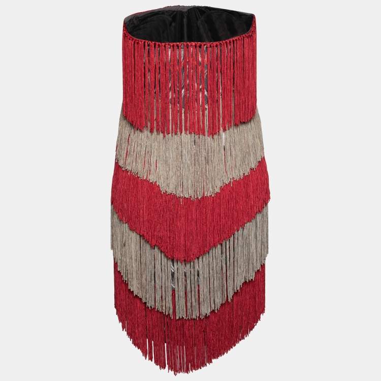 Pre Owned Missoni Green & Red Fringed Knit Strapless Short Dress M