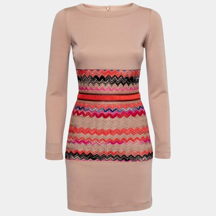 مملوكة مسبقًا Missoni Beige Patterned Inset Knit Long Sleeve Dress S
