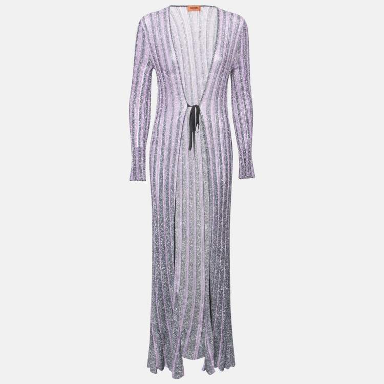 Pre Owned Missoni Metallic Purple Lurex Knit Open Front Belted Long Cardigan S