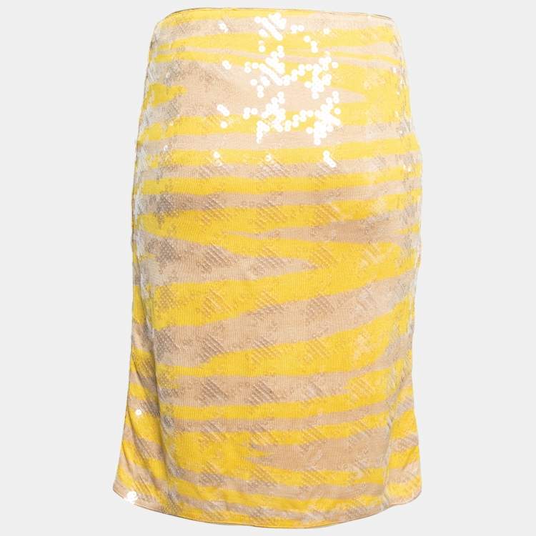 Pre Owned Missoni Beige & Yellow Striped Print Silk Knit Skirt S