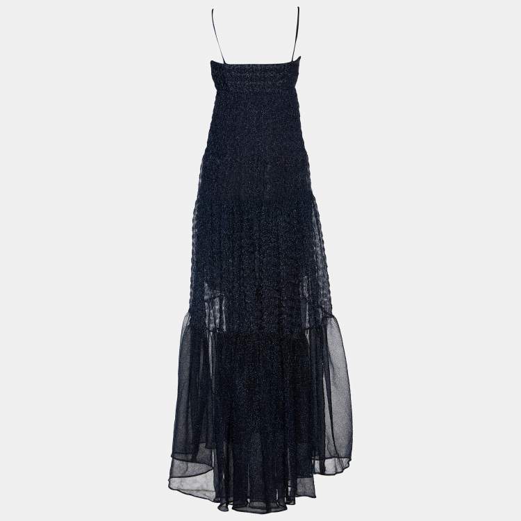 Pre Owned Missoni Navy Blue Lamé Knit High-Low Maxi Dress M