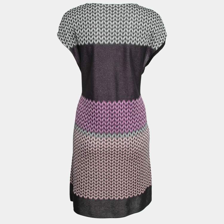 Pre Owned Missoni Black Multicolor Patterned Knit V-Neck Mini Dress L
