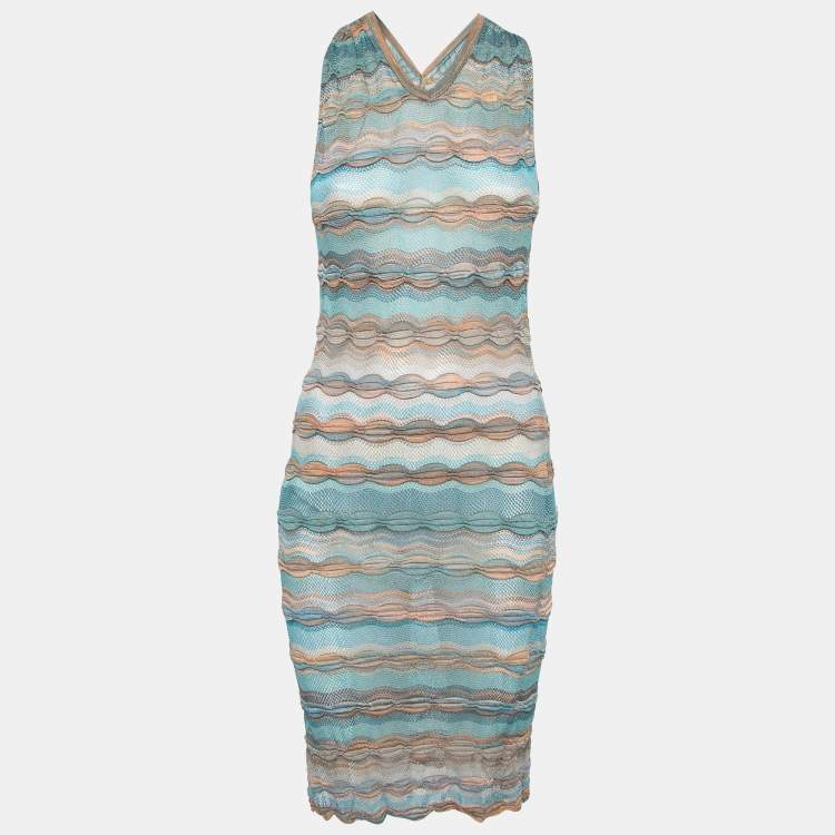Pre Owned Missoni Blue Patterned Perforated-Knit Mini Dress S