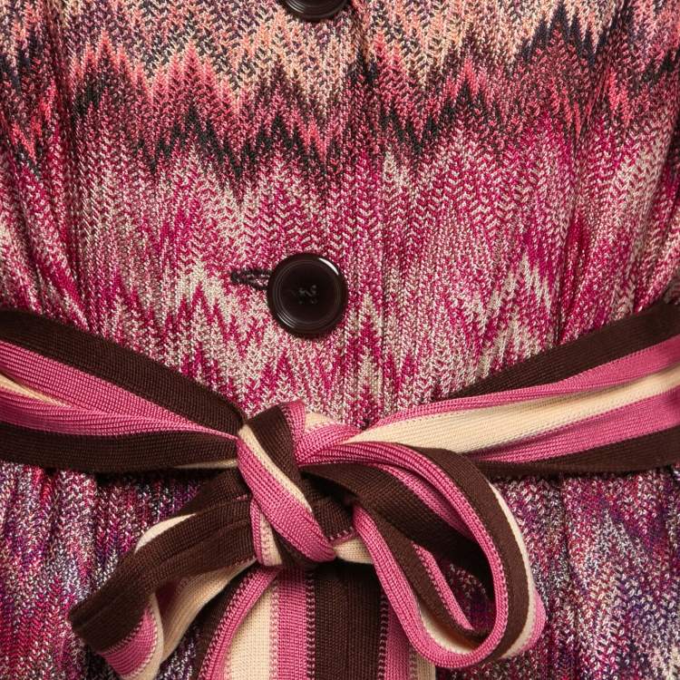 Pre Owned Missoni Pink Multicolor Chevron Patterned Knit Belted Coat M