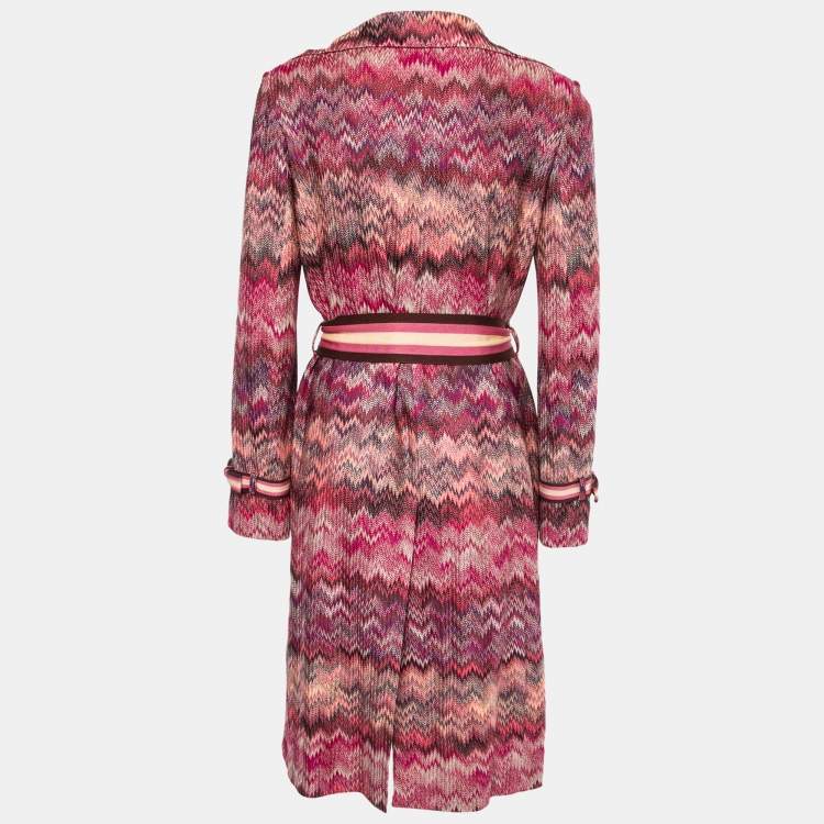Pre Owned Missoni Pink Multicolor Chevron Patterned Knit Belted Coat M