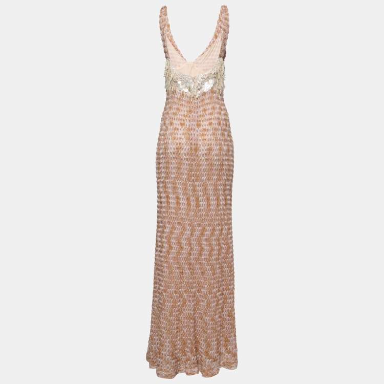 مملوكة مسبقًا Missoni Pink Crochet Knit Embellished Long Dress M