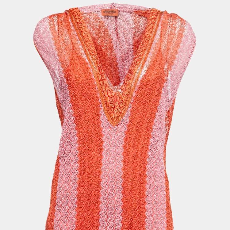 مملوكة مسبقًا Missoni Orange Patterned Crochet Knit Sleeveless Hooded Maxi Dress L