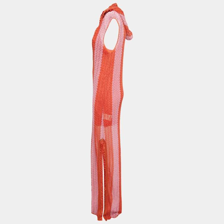 مملوكة مسبقًا Missoni Orange Patterned Crochet Knit Sleeveless Hooded Maxi Dress L