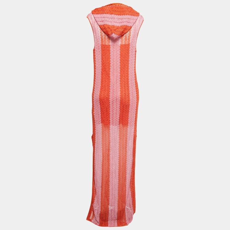 مملوكة مسبقًا Missoni Orange Patterned Crochet Knit Sleeveless Hooded Maxi Dress L