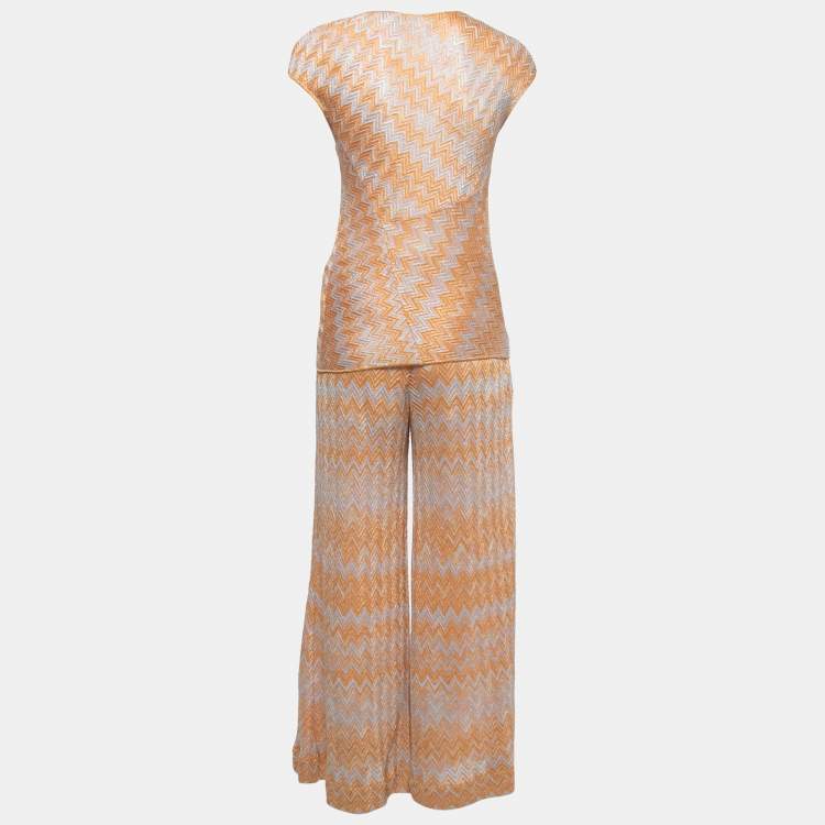 Pre Owned Missoni Orange Chevron Lurex Knit Pant Top Set S