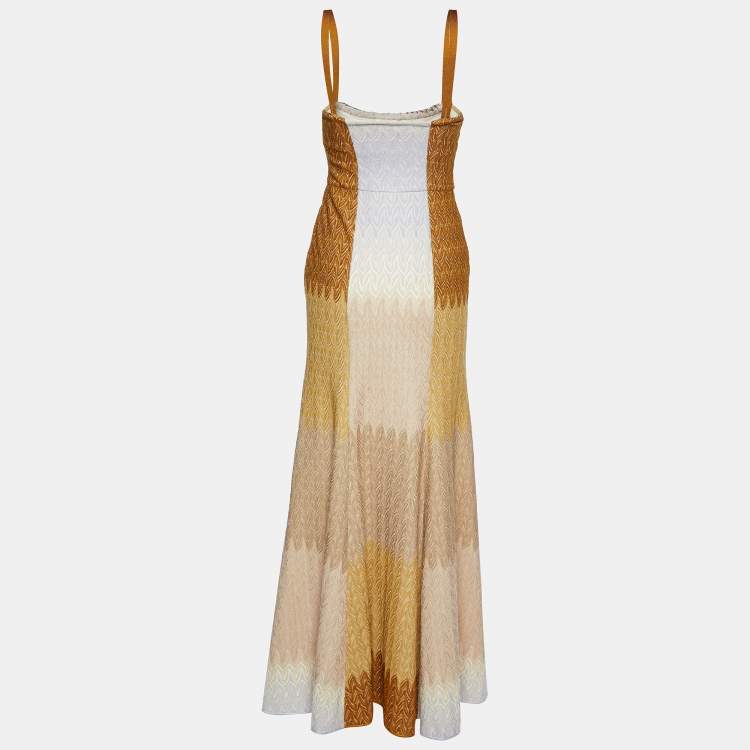 Pre Owned Missoni Brown Patterned Knit Embellished Strap Sleeve Gown S