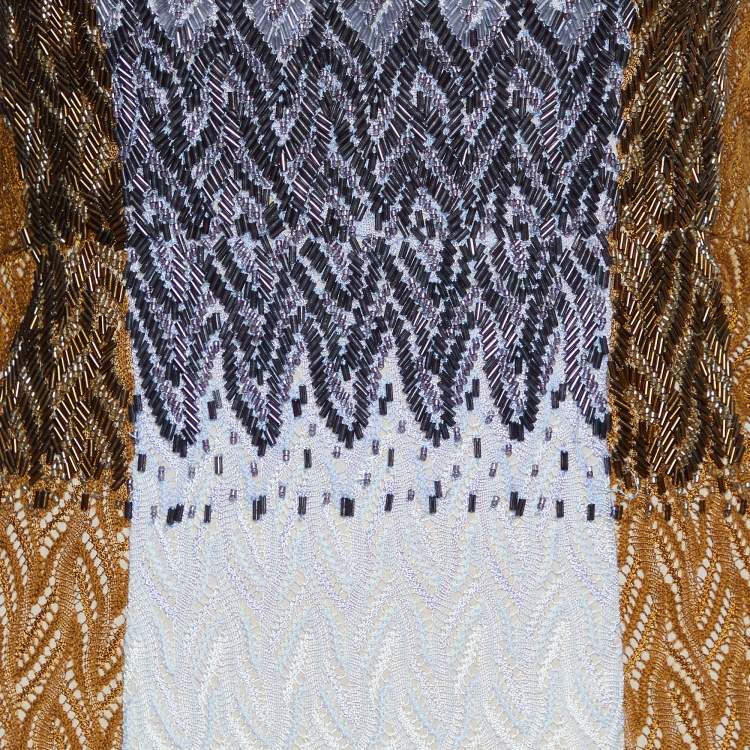 Pre Owned Missoni Brown Patterned Knit Embellished Strap Sleeve Gown S