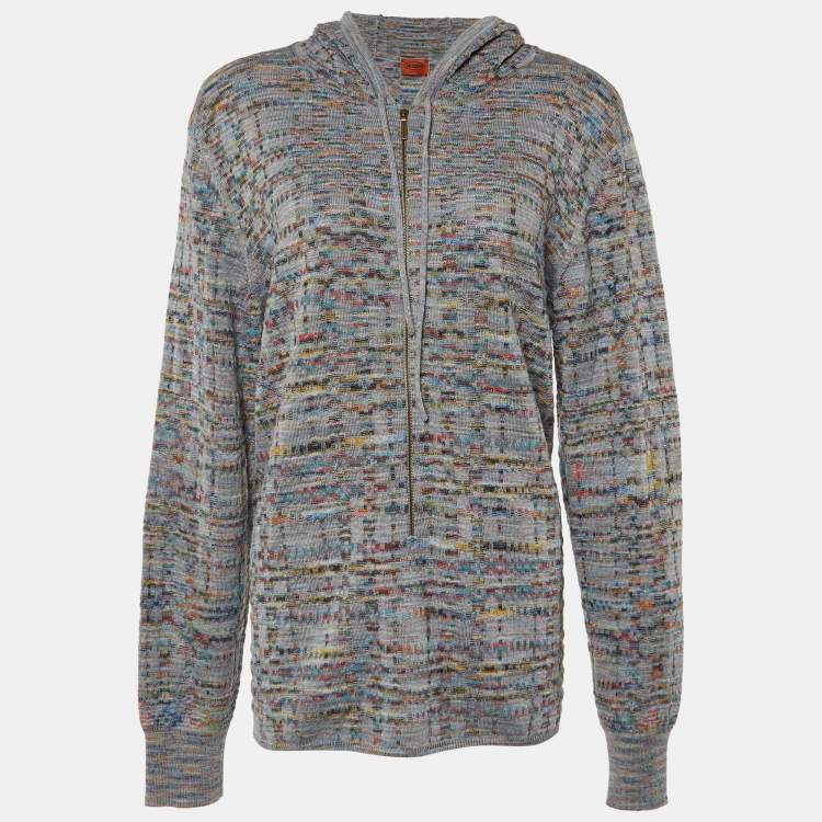 Pre Owned Missoni Grey Patterned Wool Knit Zip Front Jacket XL