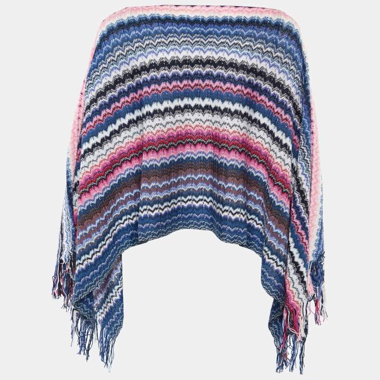 Pre Owned Missoni Multicolor Chevron Cotton Knit Fringed Poncho One Size