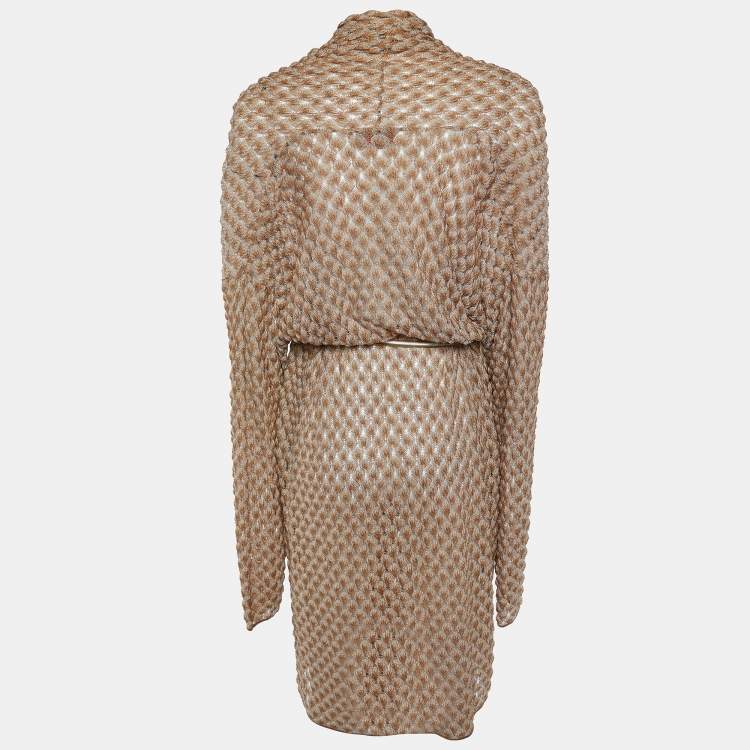 Pre Owned Missoni Brown/Gold Textured Lurex Knit Chain Belted Cardigan XL