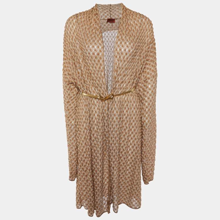 Pre Owned Missoni Brown/Gold Textured Lurex Knit Chain Belted Cardigan XL