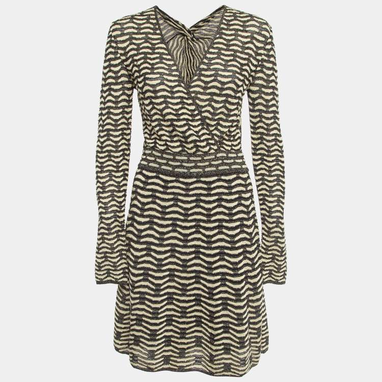 Pre Owned Missoni Cream/Black Chevron Pattern Metallized Knit V-Neck Mini Dress M