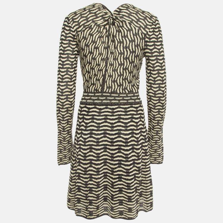 Pre Owned Missoni Cream/Black Chevron Pattern Metallized Knit V-Neck Mini Dress M