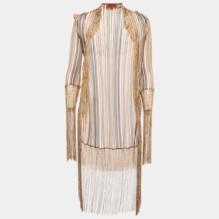 Pre Owned Missoni Multicolor Striped Knit Fringed Open-Front Long Cardigan M