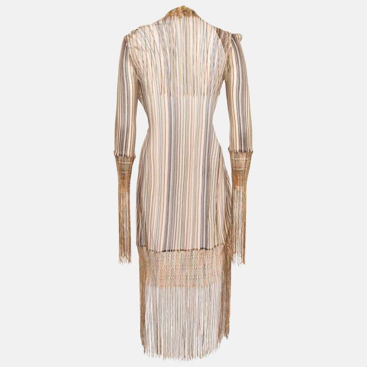 Pre Owned Missoni Multicolor Striped Knit Fringed Open-Front Long Cardigan M