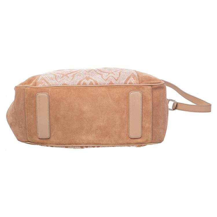 Pre Owned Missoni Beige Embroidered Suede And Leather Top Handle Bag