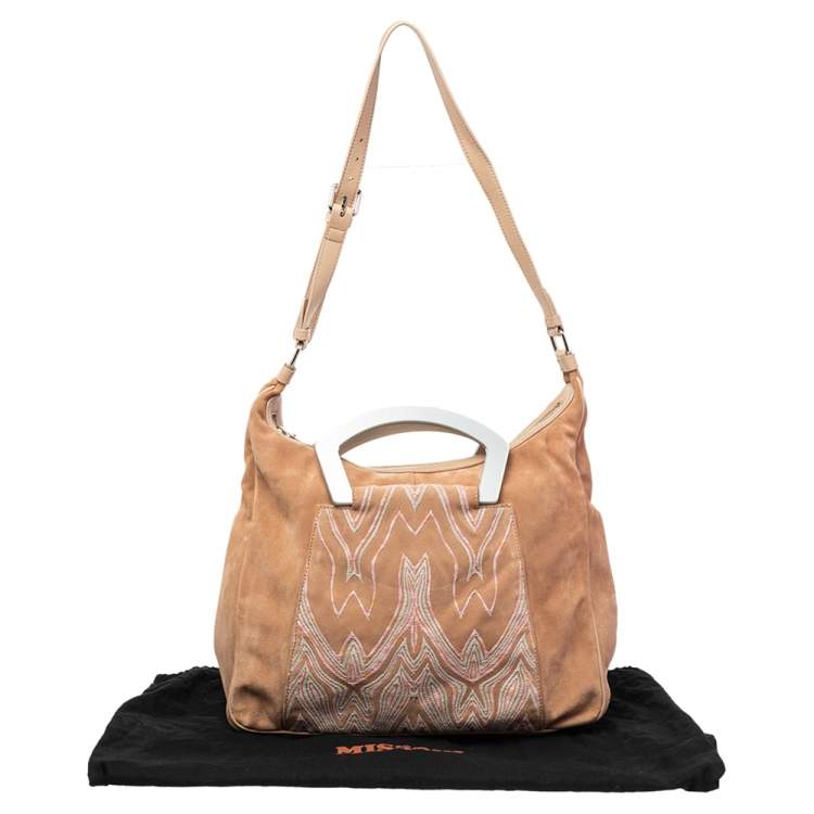 Pre Owned Missoni Beige Embroidered Suede And Leather Top Handle Bag