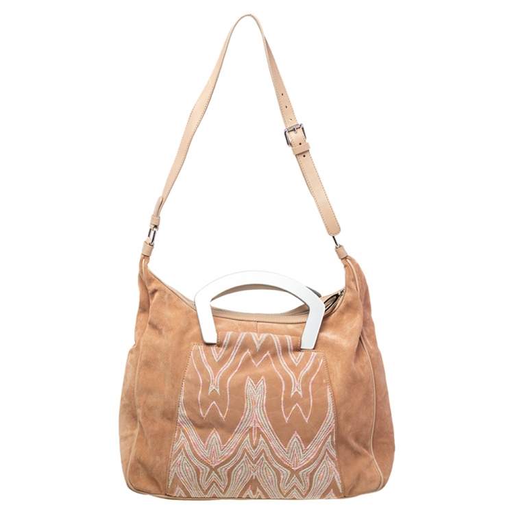 Pre Owned Missoni Beige Embroidered Suede And Leather Top Handle Bag