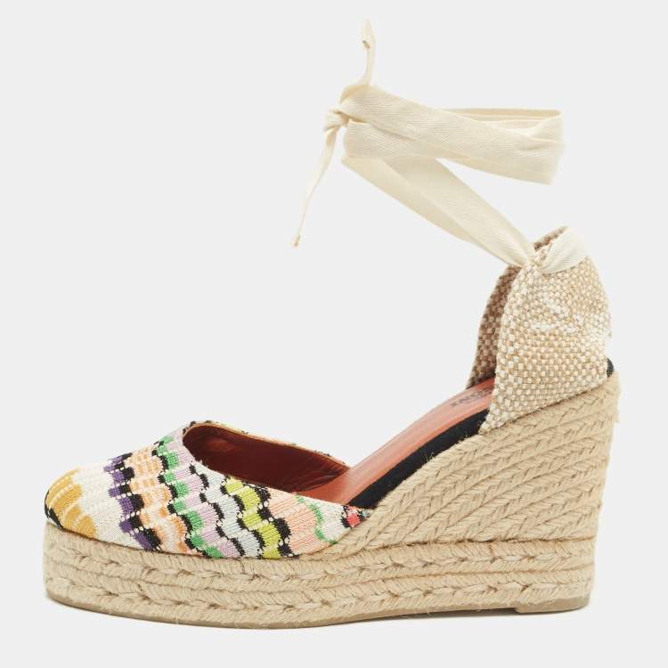 Pre Owned Missoni Multicolor Canvas and Knit Fabric Wedge Platform Espadrille Ankle Wrap Sandals Size 40