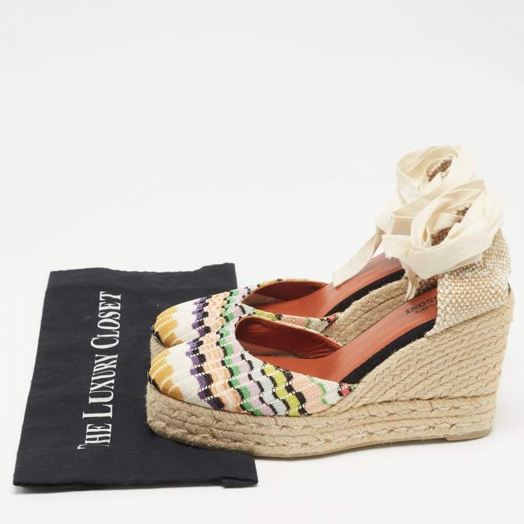 Pre Owned Missoni Multicolor Canvas and Knit Fabric Wedge Platform Espadrille Ankle Wrap Sandals Size 40