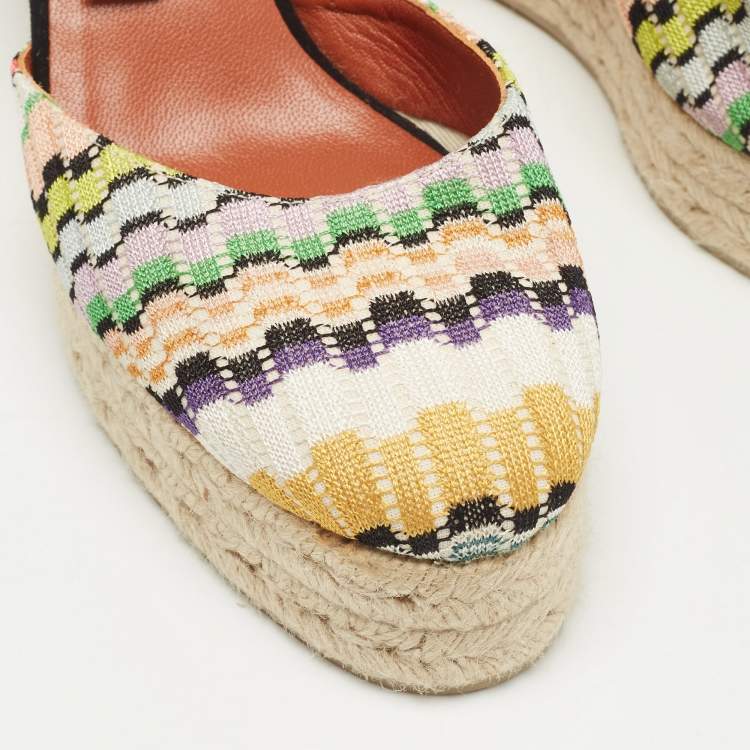 Pre Owned Missoni Multicolor Canvas and Knit Fabric Wedge Platform Espadrille Ankle Wrap Sandals Size 40