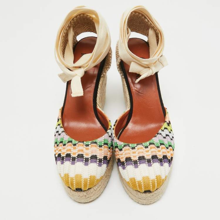 Pre Owned Missoni Multicolor Fabric Raffia Wedge Espadrilles Sandals Size 37