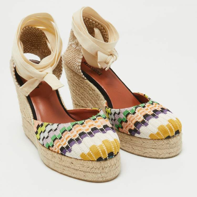 Pre Owned Missoni Multicolor Fabric Raffia Wedge Espadrilles Sandals Size 37