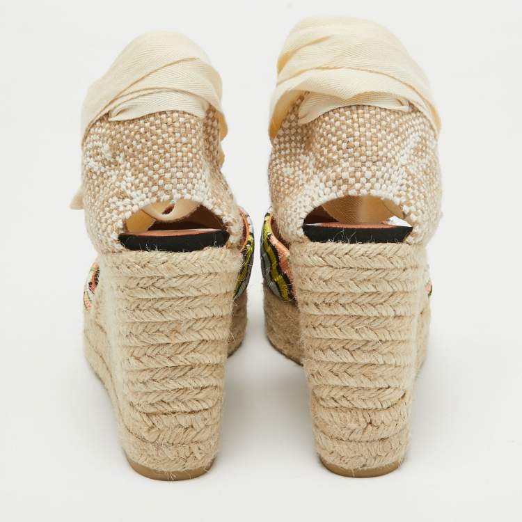 Pre Owned Missoni Multicolor Fabric Raffia Wedge Espadrilles Sandals Size 37