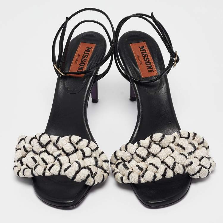 Pre Owned Missoni Black/White Fabric and Leather Ankle Strap Sandals Size 39