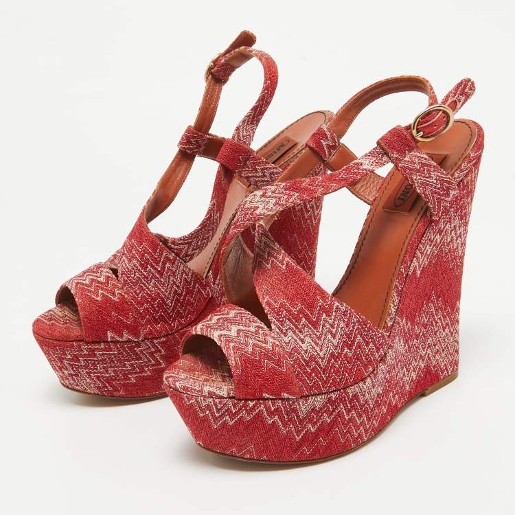 Pre Owned Missoni Red Lurex Fabric Wedge Sandals Size 39