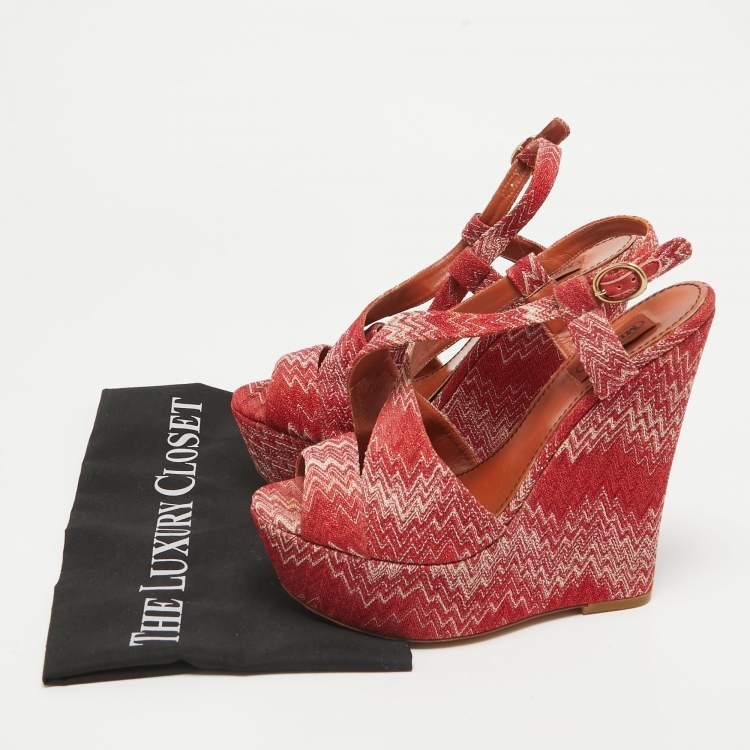 Pre Owned Missoni Red Lurex Fabric Wedge Sandals Size 39