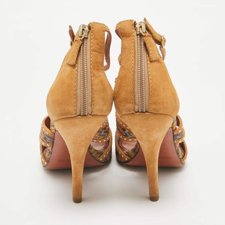 Pre Owned Missoni Brown Lurex Fabric and Suede Ankle Strap Sandals Size 39