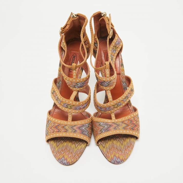 Pre Owned Missoni Brown Lurex Fabric and Suede Ankle Strap Sandals Size 39