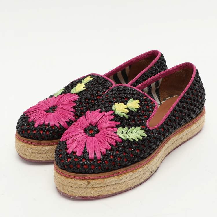 Pre Owned Missoni Multicolor Woven Raffia Floral Detail Platform Espadrille Smoking Slippers Size 35