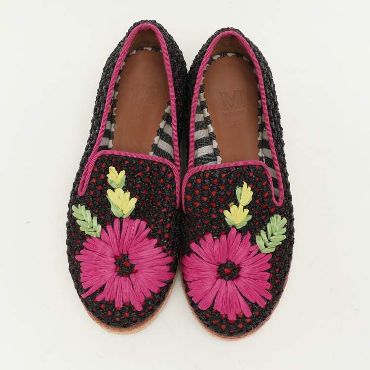 Pre Owned Missoni Multicolor Woven Raffia Floral Detail Platform Espadrille Smoking Slippers Size 35