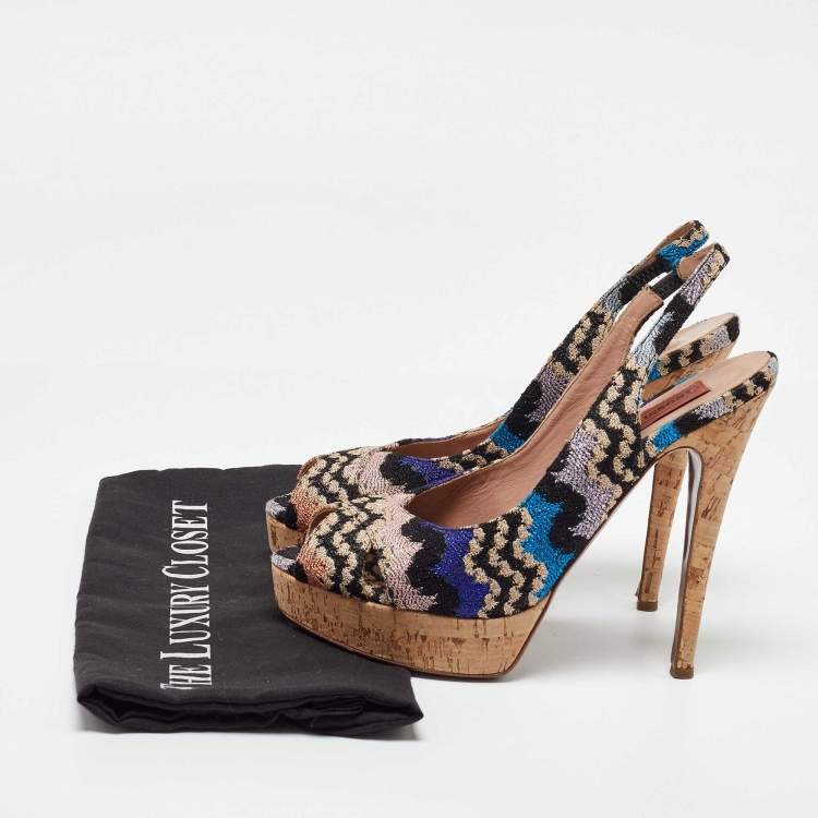 Pre Owned Missoni Multicolor Knit Fabric Platform Peep Toe Slingback Sandals Size 39