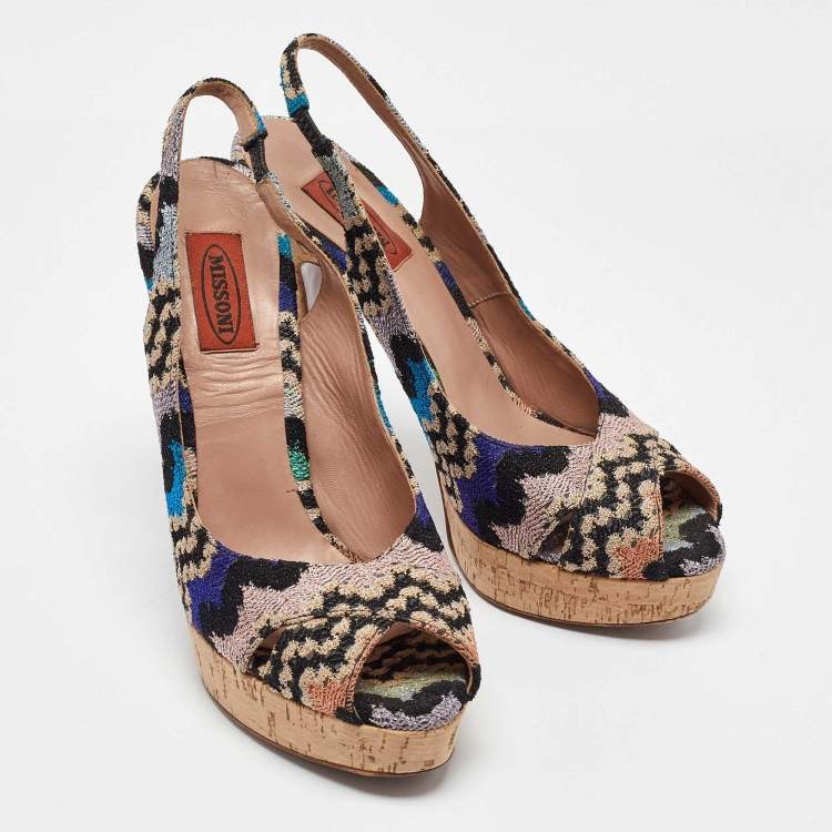 Pre Owned Missoni Multicolor Knit Fabric Platform Peep Toe Slingback Sandals Size 39