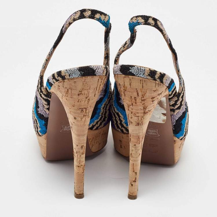 Pre Owned Missoni Multicolor Knit Fabric Platform Peep Toe Slingback Sandals Size 39