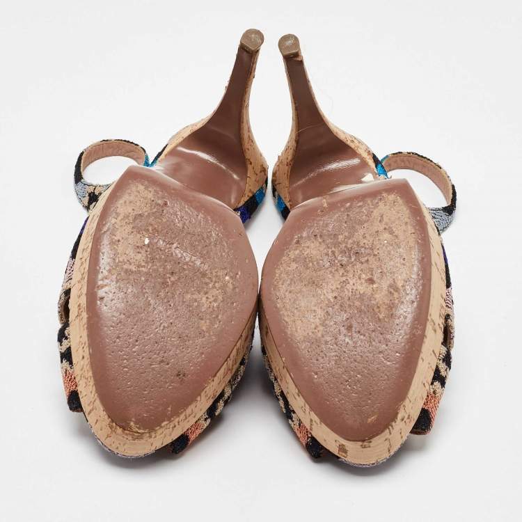 Pre Owned Missoni Multicolor Knit Fabric Platform Peep Toe Slingback Sandals Size 39