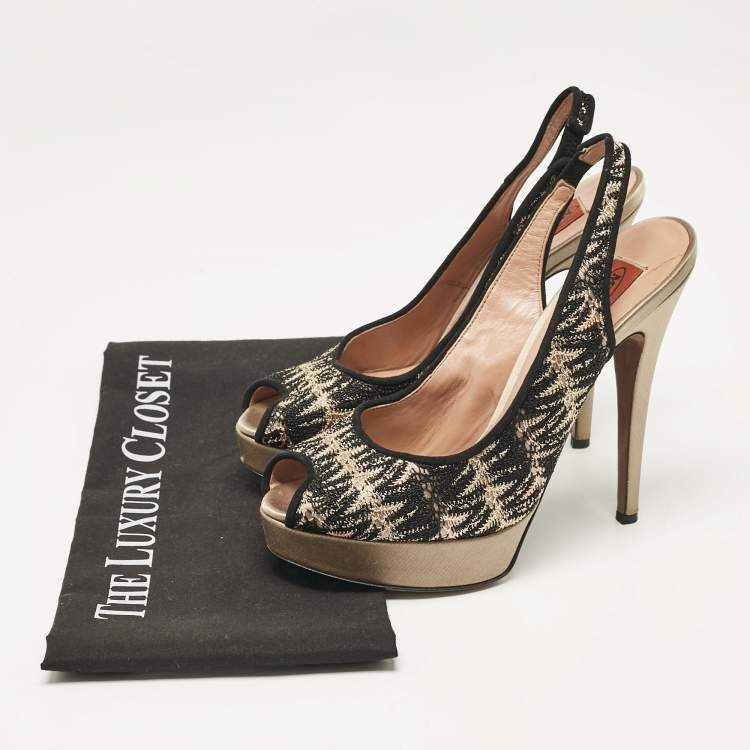 Pre Owned Missoni Black/Grey Lace and Satin Peep Toe Platform Slingback Pumps Size 38
