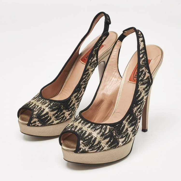 Pre Owned Missoni Black/Grey Lace and Satin Peep Toe Platform Slingback Pumps Size 38
