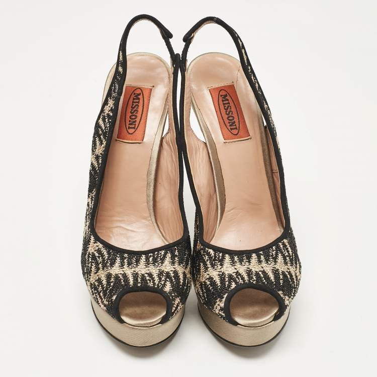 Pre Owned Missoni Black/Grey Lace and Satin Peep Toe Platform Slingback Pumps Size 38