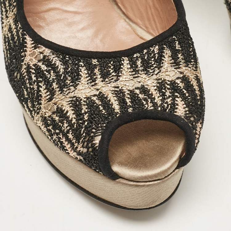 Pre Owned Missoni Black/Grey Lace and Satin Peep Toe Platform Slingback Pumps Size 38